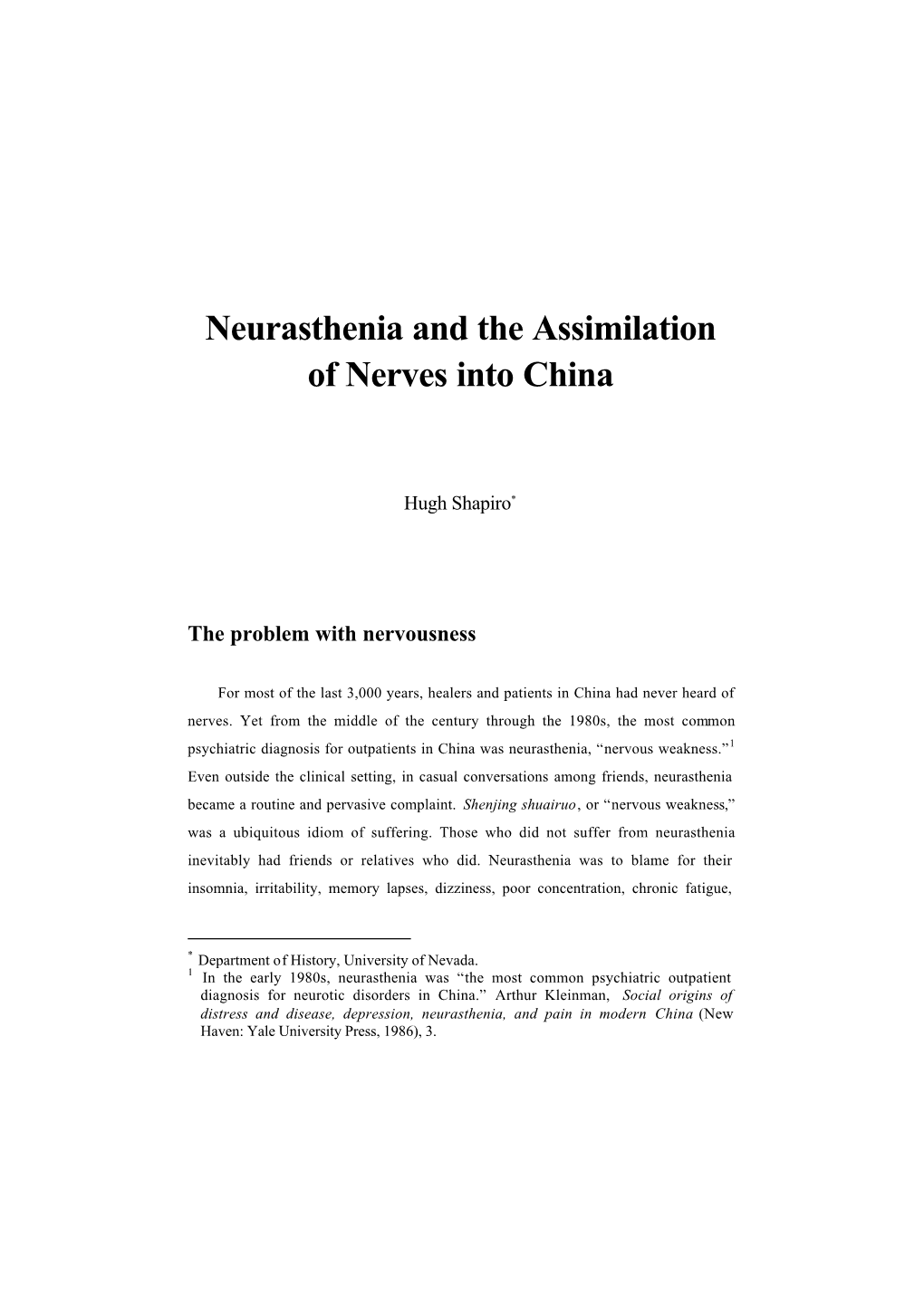 Neurasthenia and the Assimilation of Nerves Into China