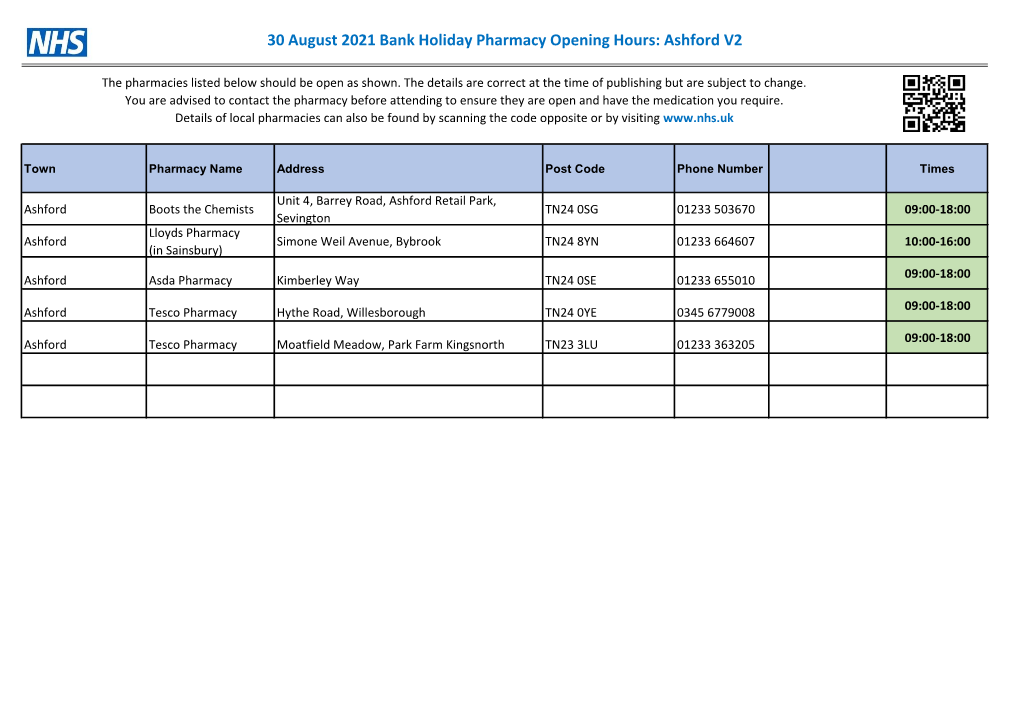 30 August 2021 Bank Holiday Pharmacy Opening Hours: Ashford V2