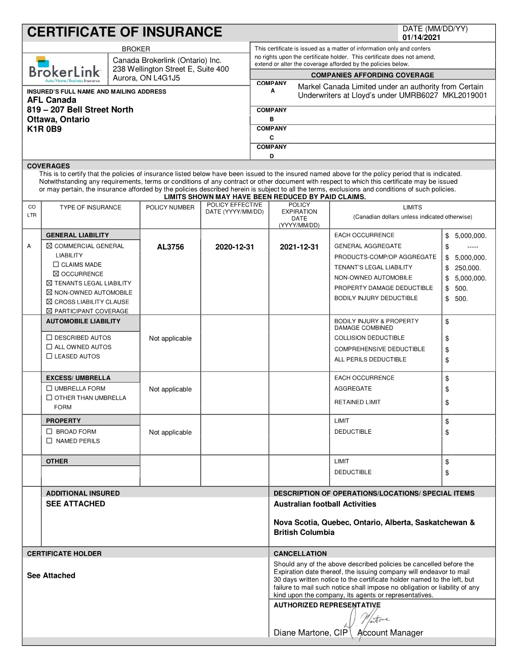 2021 AFL Canada Certificate of Insurance