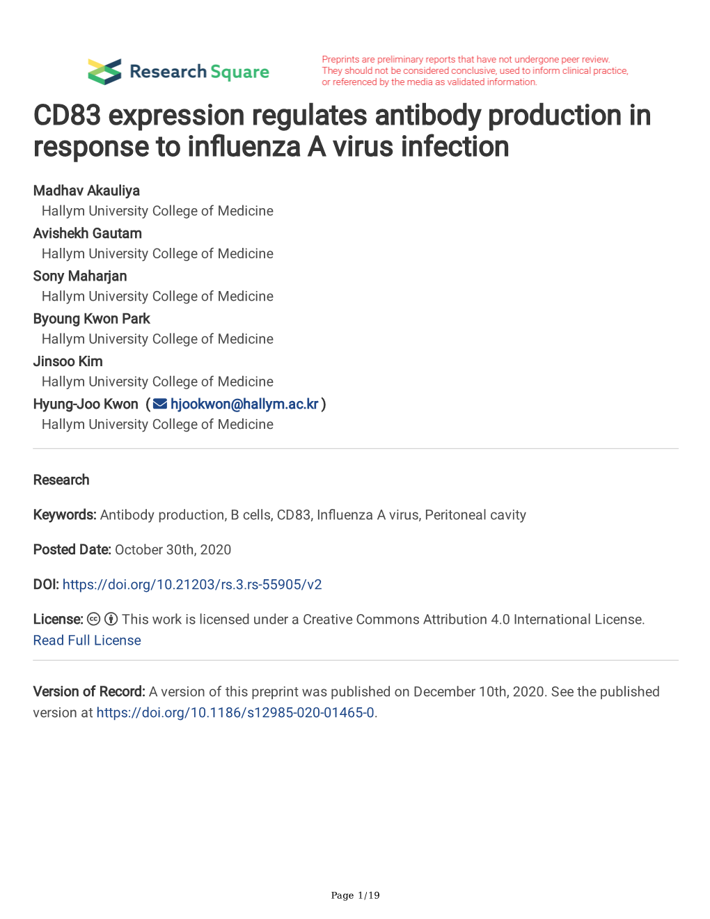 CD83 Expression Regulates Antibody Production in Response to in Uenza