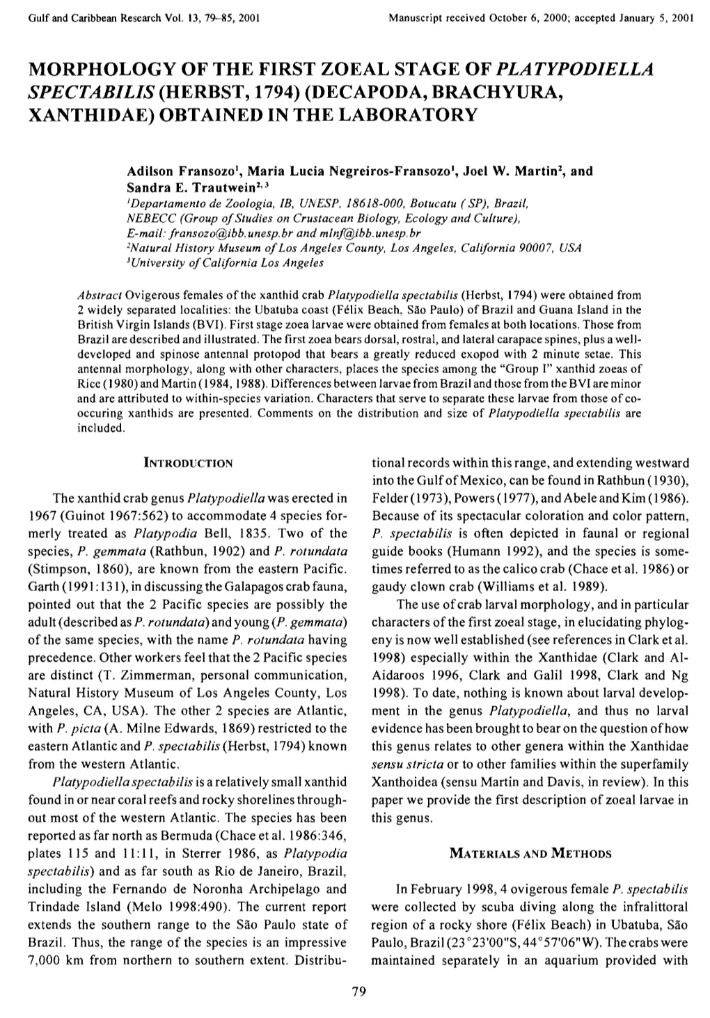 Morphology of the First Zoeal Stage of Platypodiella Spectabilis (Herbst, 1794) (Decapoda, Brachyura, Xanthidae) Obtained in the Laboratory