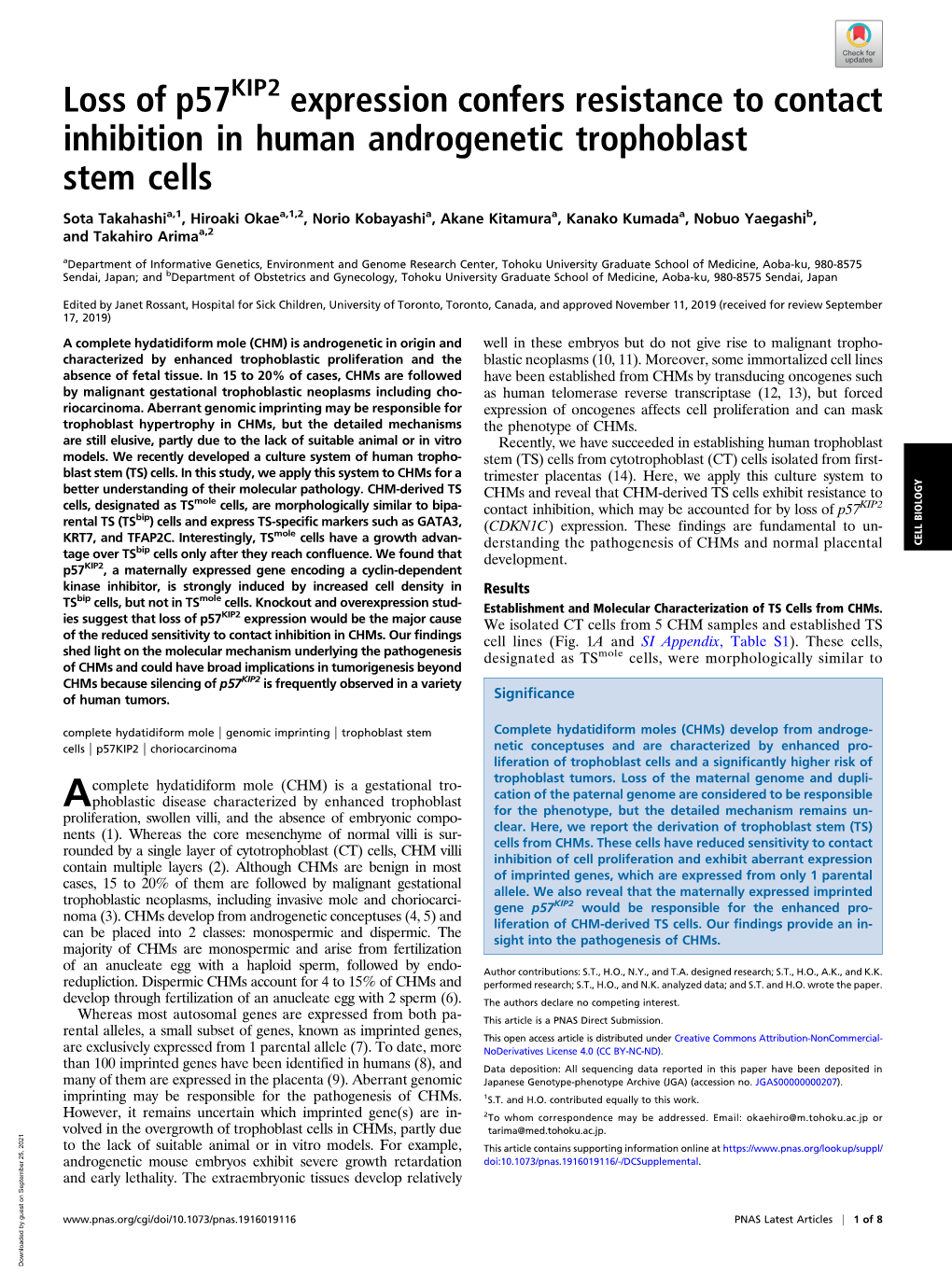 Loss of P57kip2 Expression Confers Resistance to Contact Inhibition in Human Androgenetic Trophoblast Stem Cells