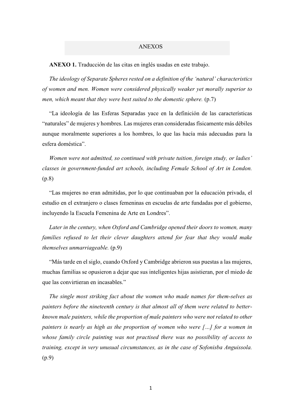 ANEXOS ANEXO 1. Traducción De Las Citas En Inglés Usadas En Este Trabajo. the Ideology of Separate Spheres Rested on a Definit