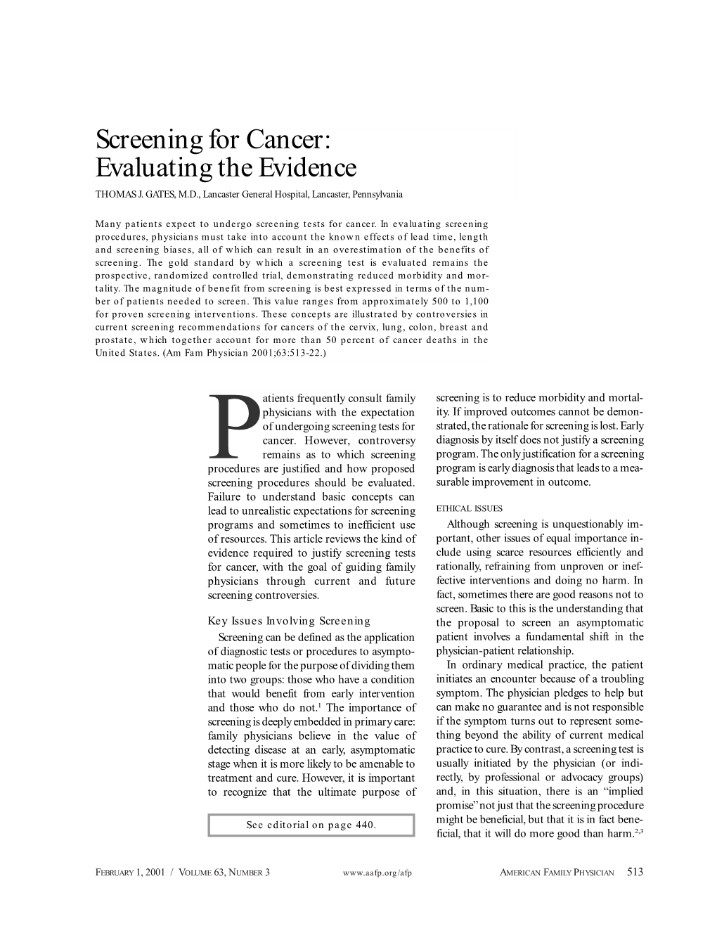 Screening for Cancer: Evaluating the Evidence THOMAS J