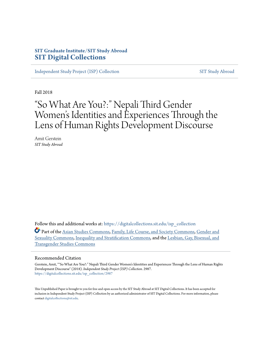 “So What Are You?:” Nepali Third Gender Women's Identities and Experiences Through the Lens of Human