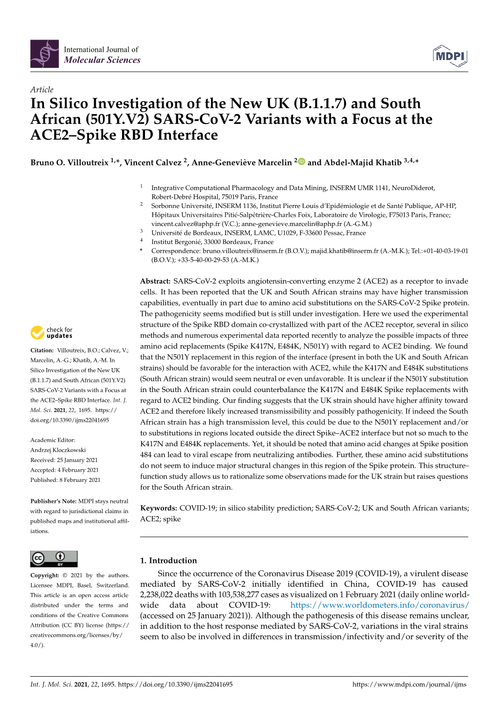 And South African (501Y.V2) SARS-Cov-2 Variants with a Focus at the ACE2–Spike RBD Interface