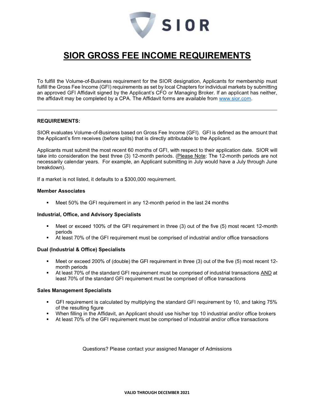 Sior Gross Fee Income Requirements