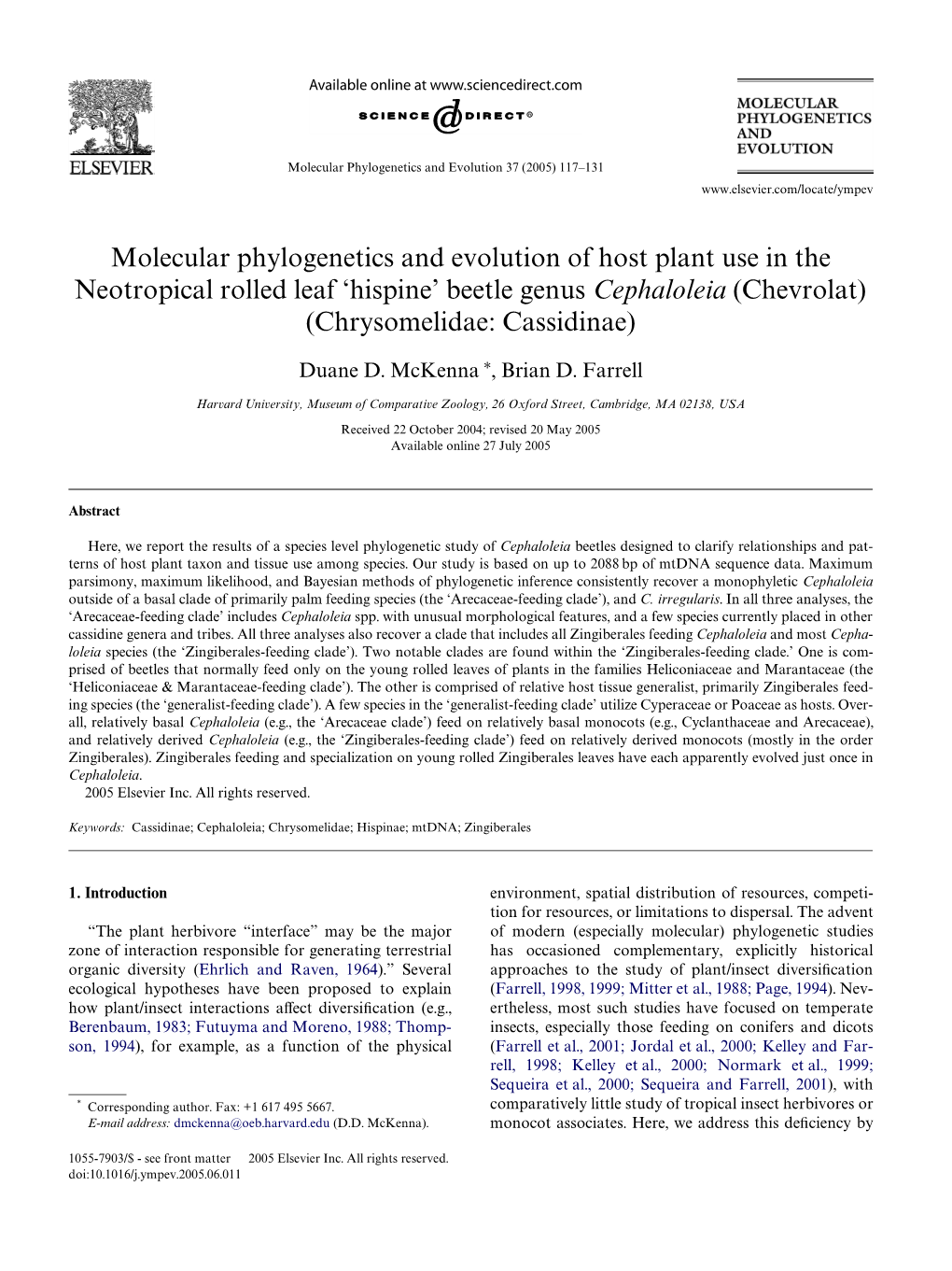 Molecular Phylogenetics and Evolution of Host Plant Use in the Neotropical Rolled Leaf ‘Hispine’ Beetle Genus Cephaloleia (Chevrolat) (Chrysomelidae: Cassidinae)