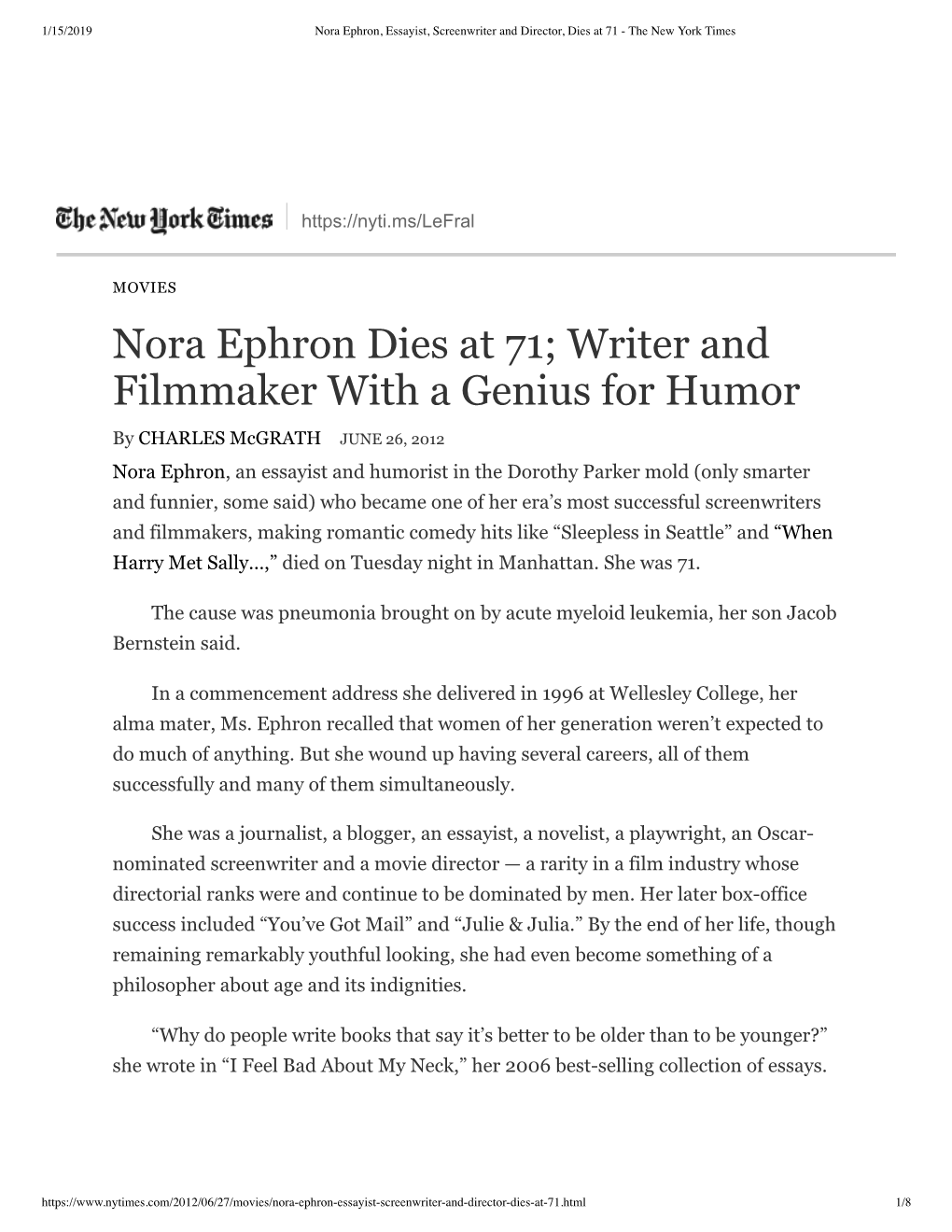 Nora Ephron Dies at 71; Writer and Filmmaker with a Genius for Humor