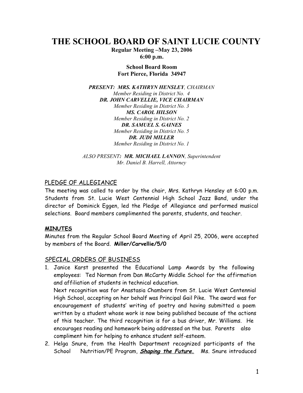 05-23-06 Slcsb Regular Mtg Minutes - Approved