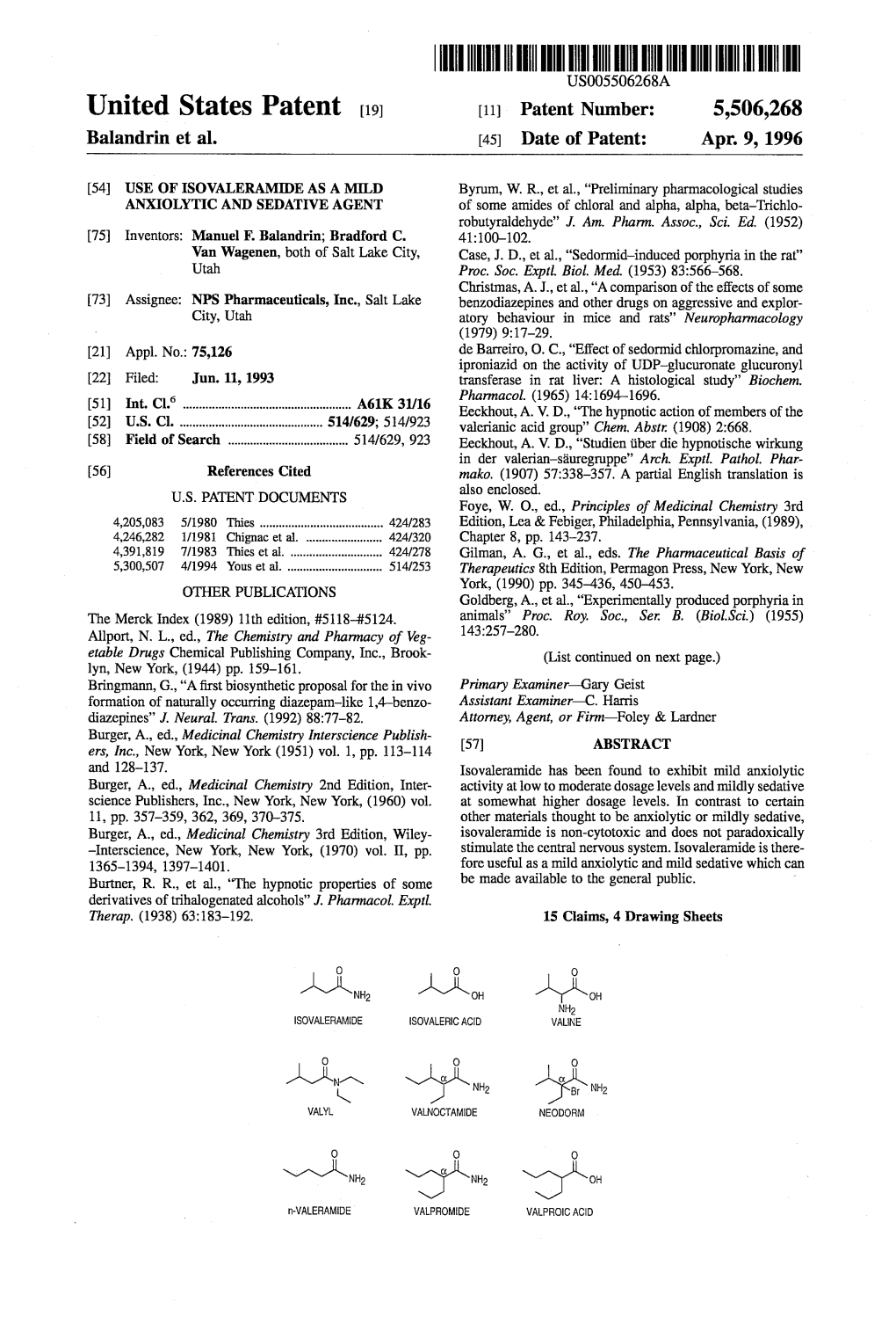 |||||IIII US005506268A United States Patent (19) 11) Patent Number: 5,506,268 Balandrin Et Al