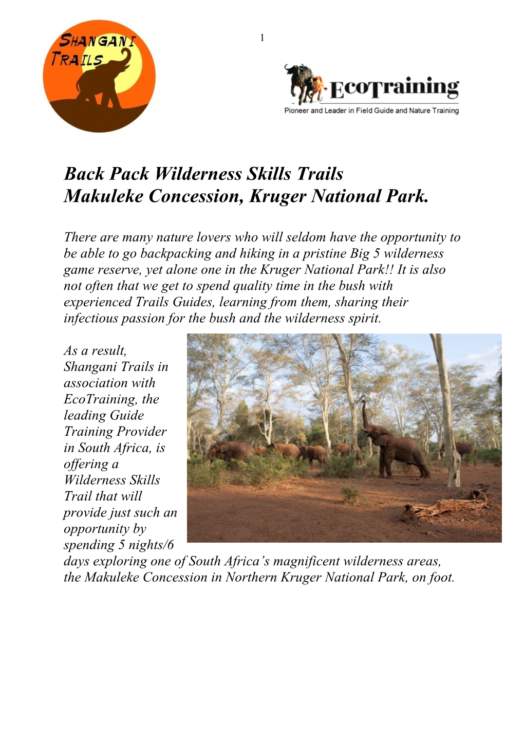 Back Pack Wilderness Skills Trails Makuleke Concession, Kruger National Park