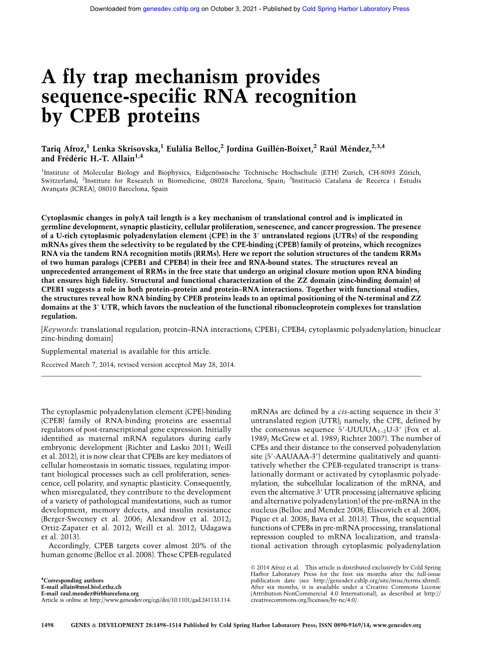 A Fly Trap Mechanism Provides Sequence-Specific RNA Recognition by CPEB Proteins