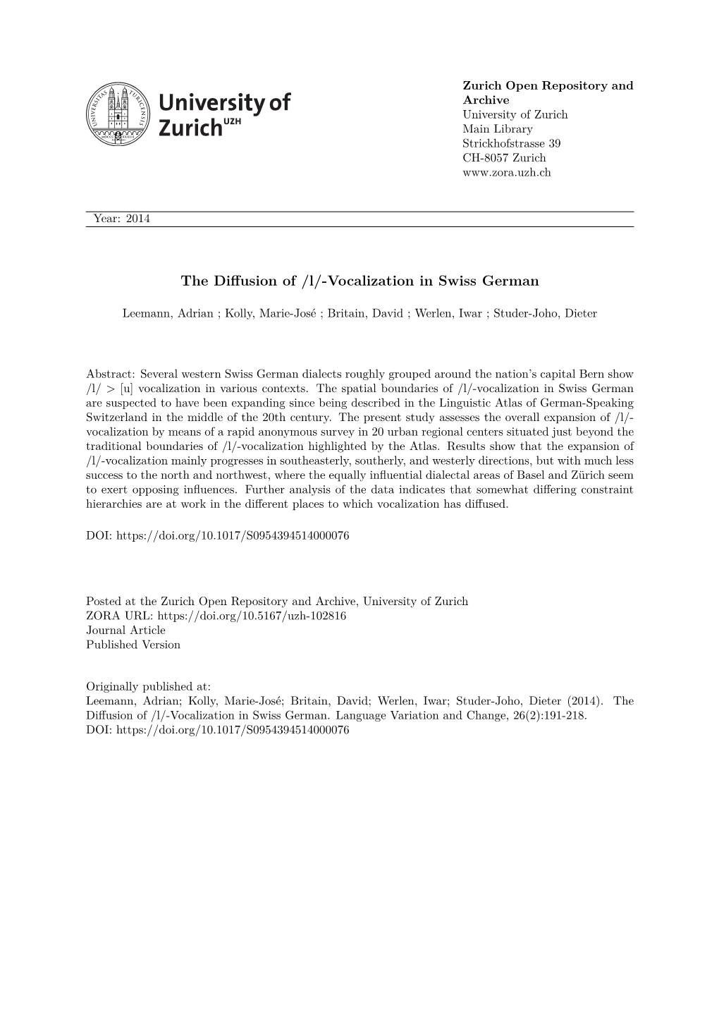 The Diffusion of /L/-Vocalization in Swiss German