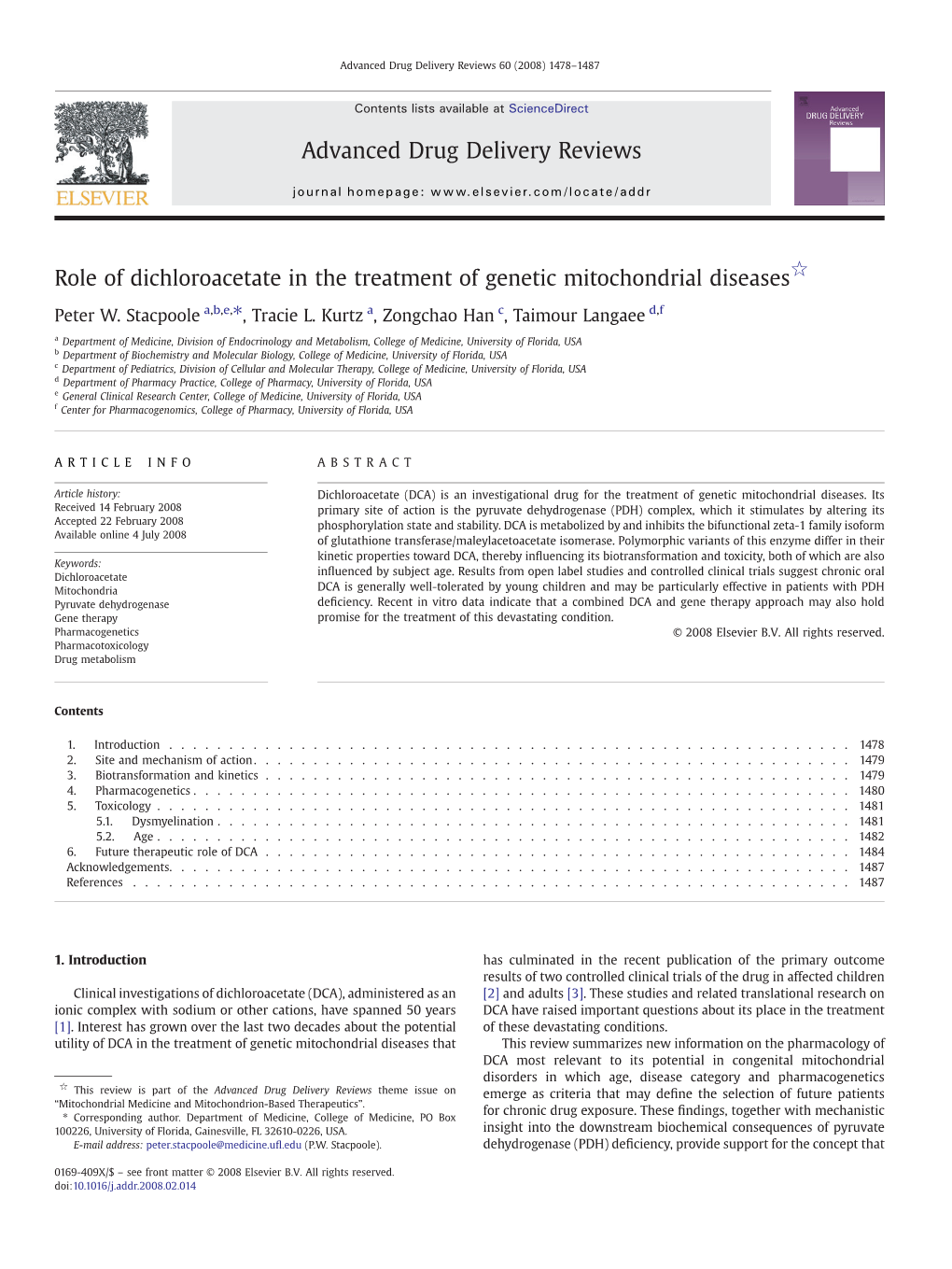 Role of Dichloroacetate in the Treatment of Genetic Mitochondrial Diseases Advanced Drug Delivery Reviews