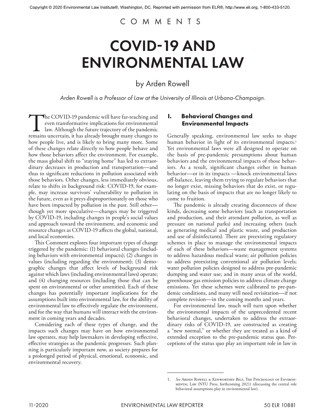 COVID-19 and ENVIRONMENTAL LAW by Arden Rowell