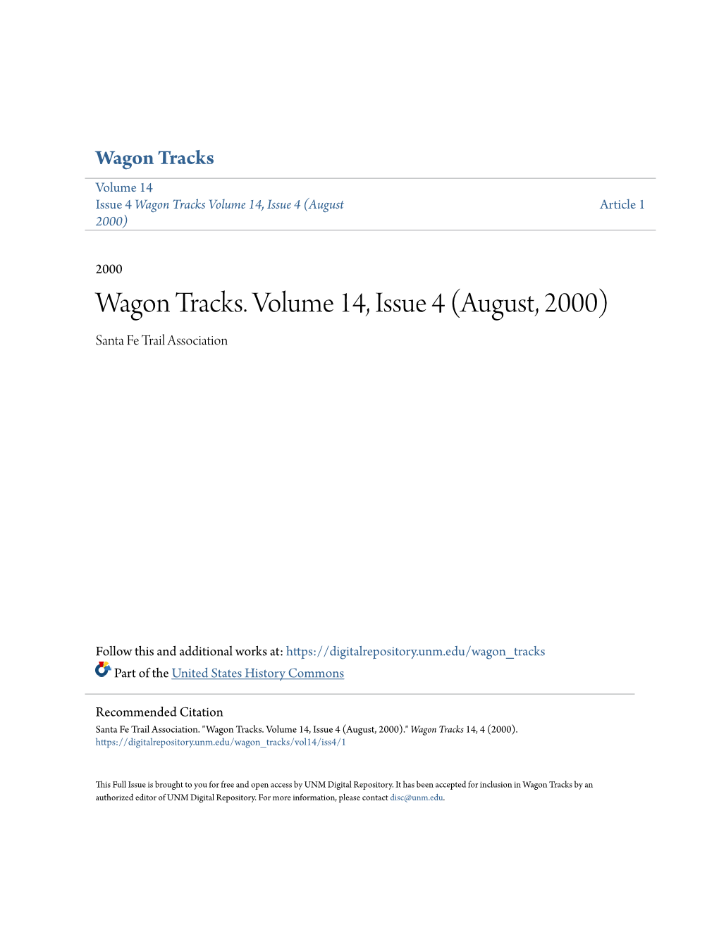 Wagon Tracks. Volume 14, Issue 4 (August, 2000) Santa Fe Trail Association