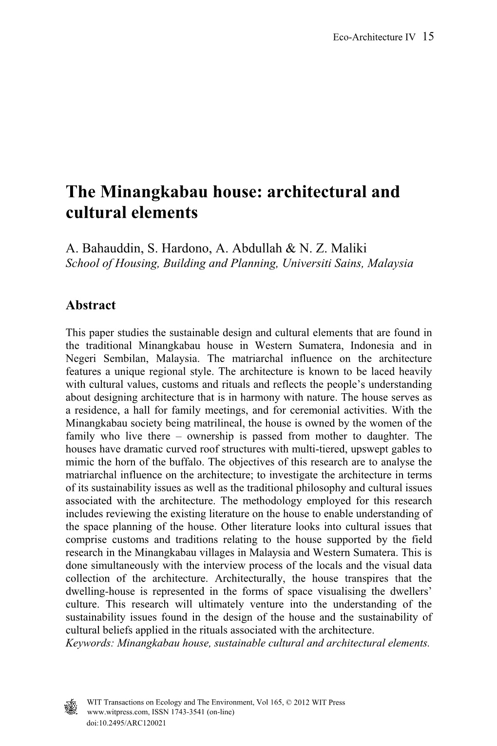 The Minangkabau House: Architectural and Cultural Elements