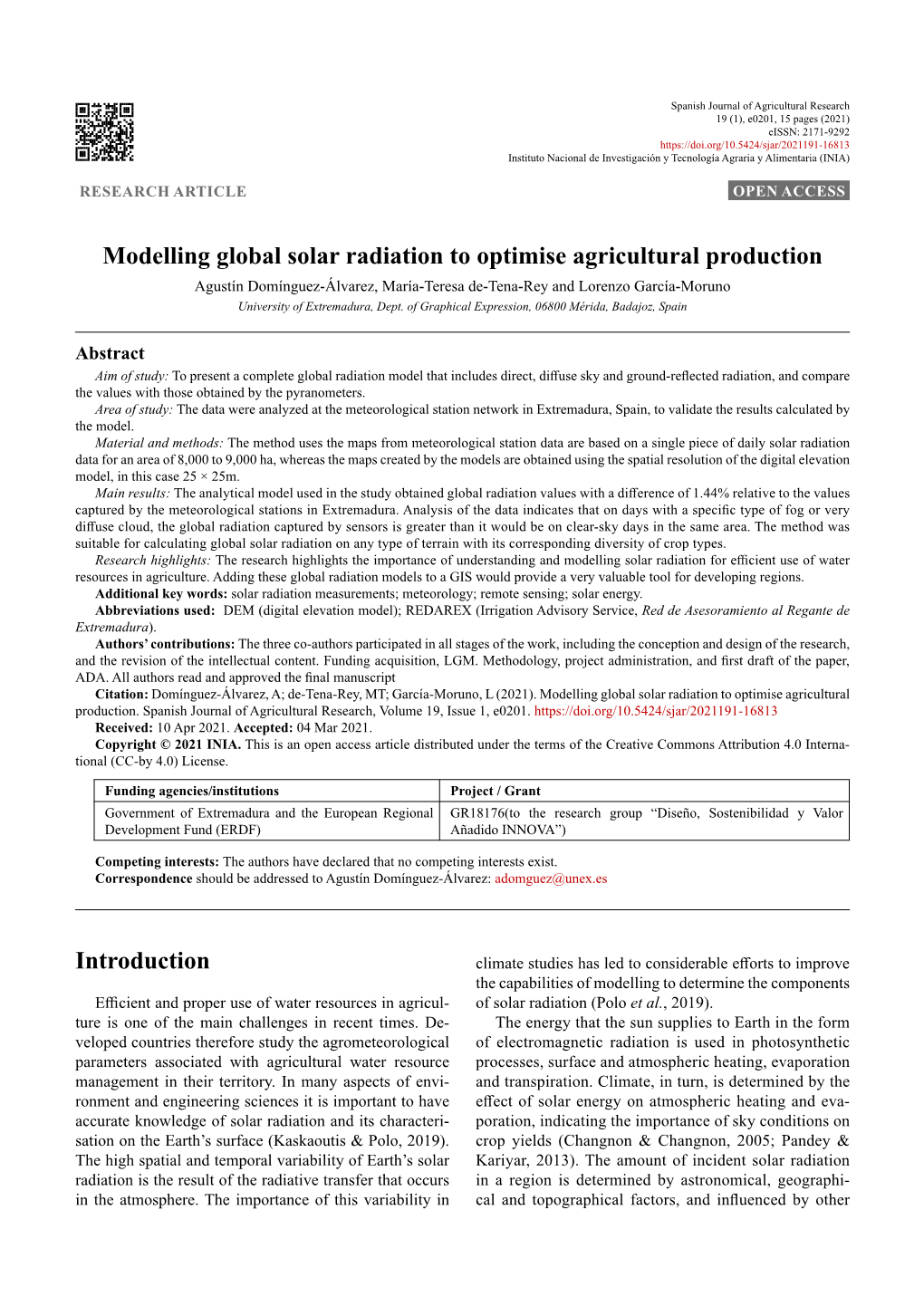 Modelling Global Solar Radiation to Optimise Agricultural Production Introduction