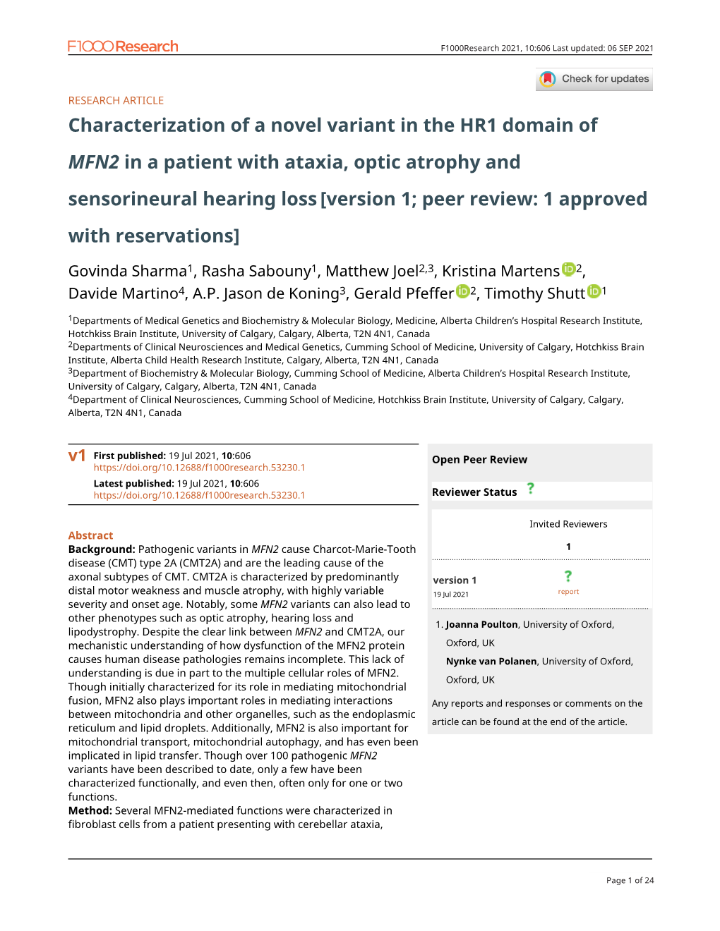 Characterization of a Novel Variant in the HR1 Domain of MFN2 in A