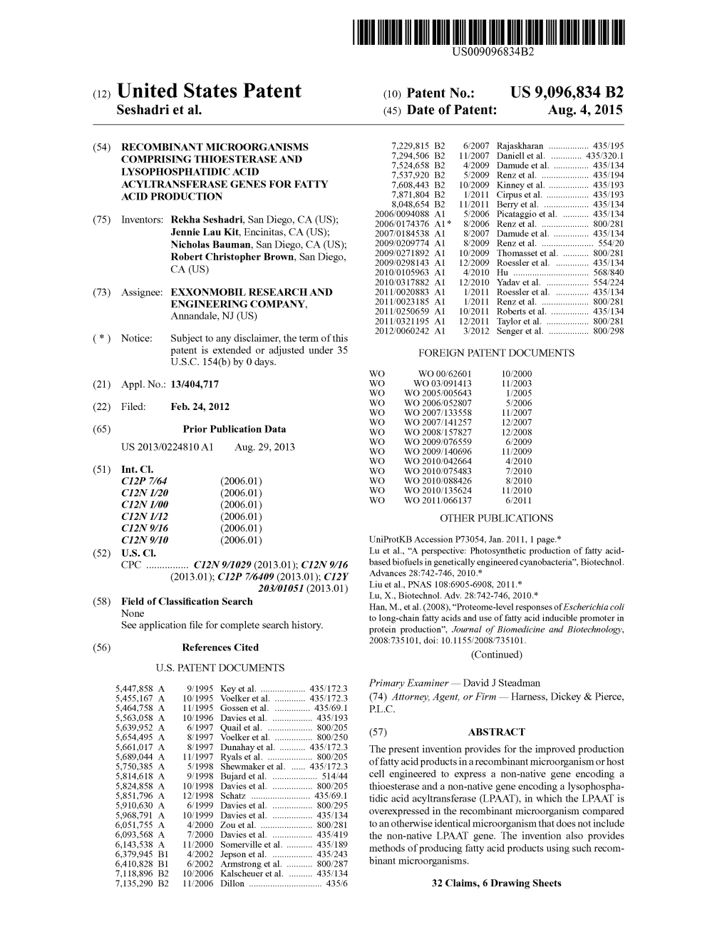 (12) United States Patent (10) Patent No.: US 9,096,834 B2 Seshadri Et Al