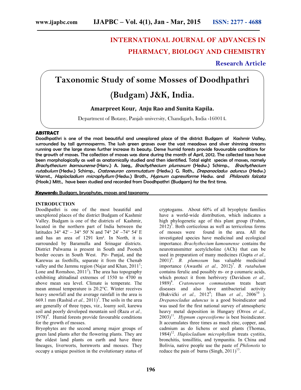 Taxonomic Study of Some Mosses of Doodhpathri (Budgam) J&K, India