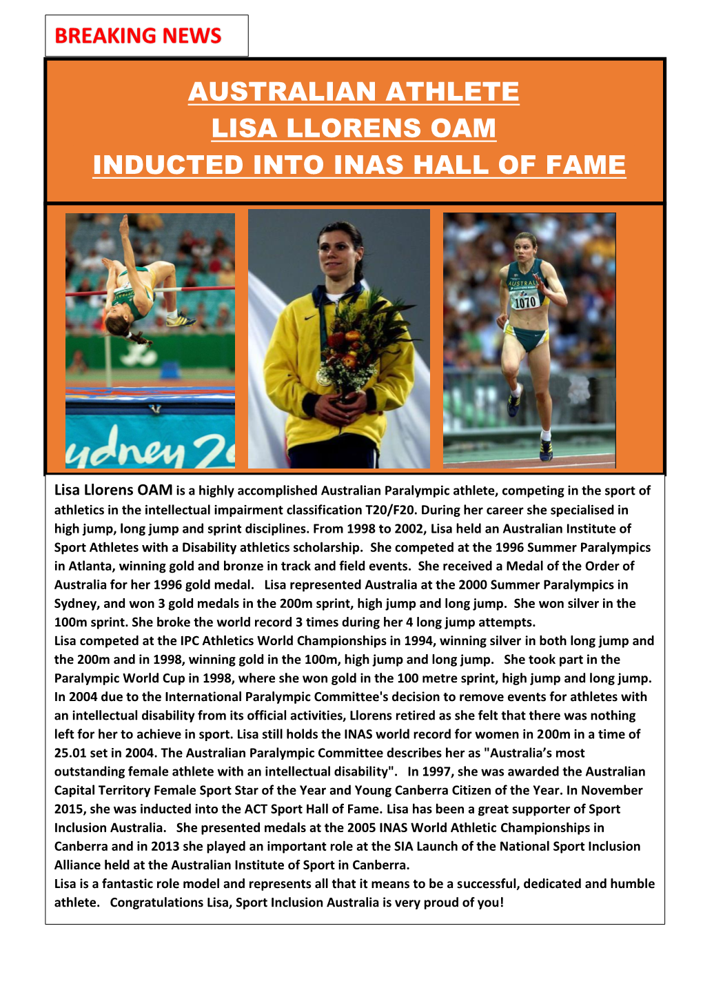 Australian Athlete Lisa Llorens Oam Inducted Into Inas Hall of Fame