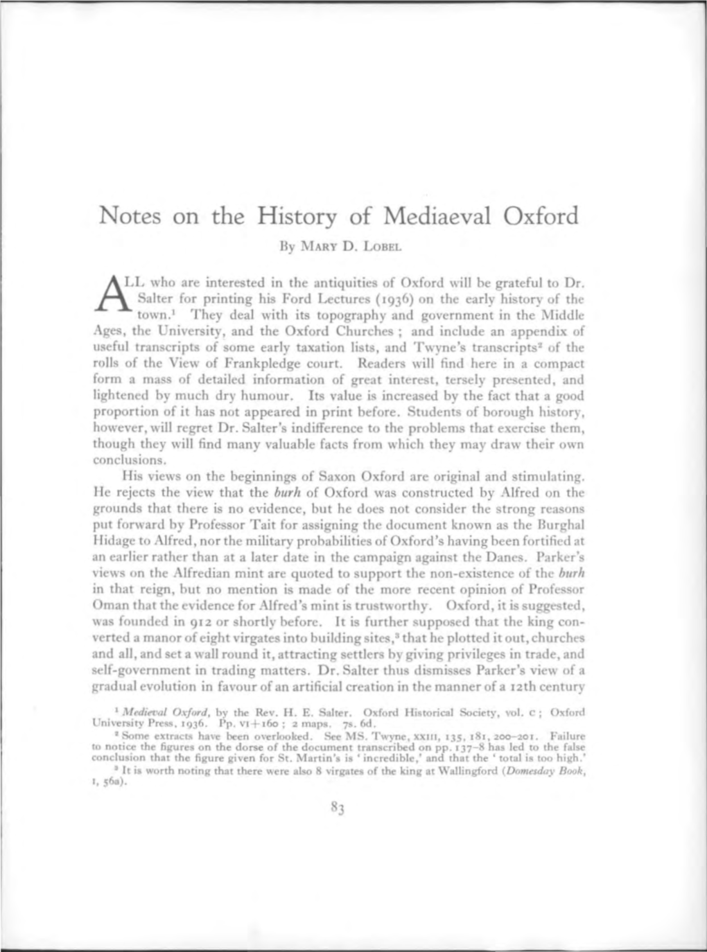 Notes on the History of Mediaeval Oxford