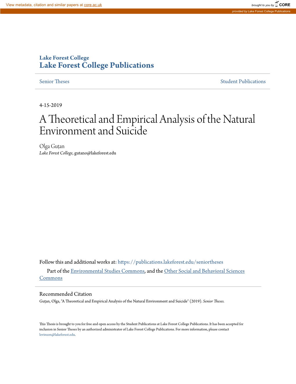 A Theoretical and Empirical Analysis of the Natural Environment and Suicide Olga Guțan Lake Forest College, Gutano@Lakeforest.Edu
