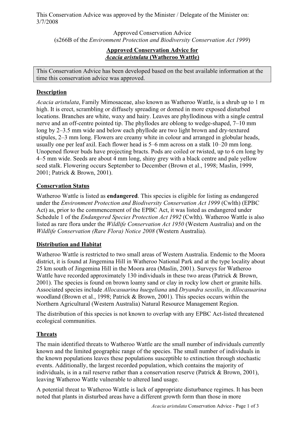 Approved Conservation Advice for Acacia Aristulata (Watheroo Wattle)