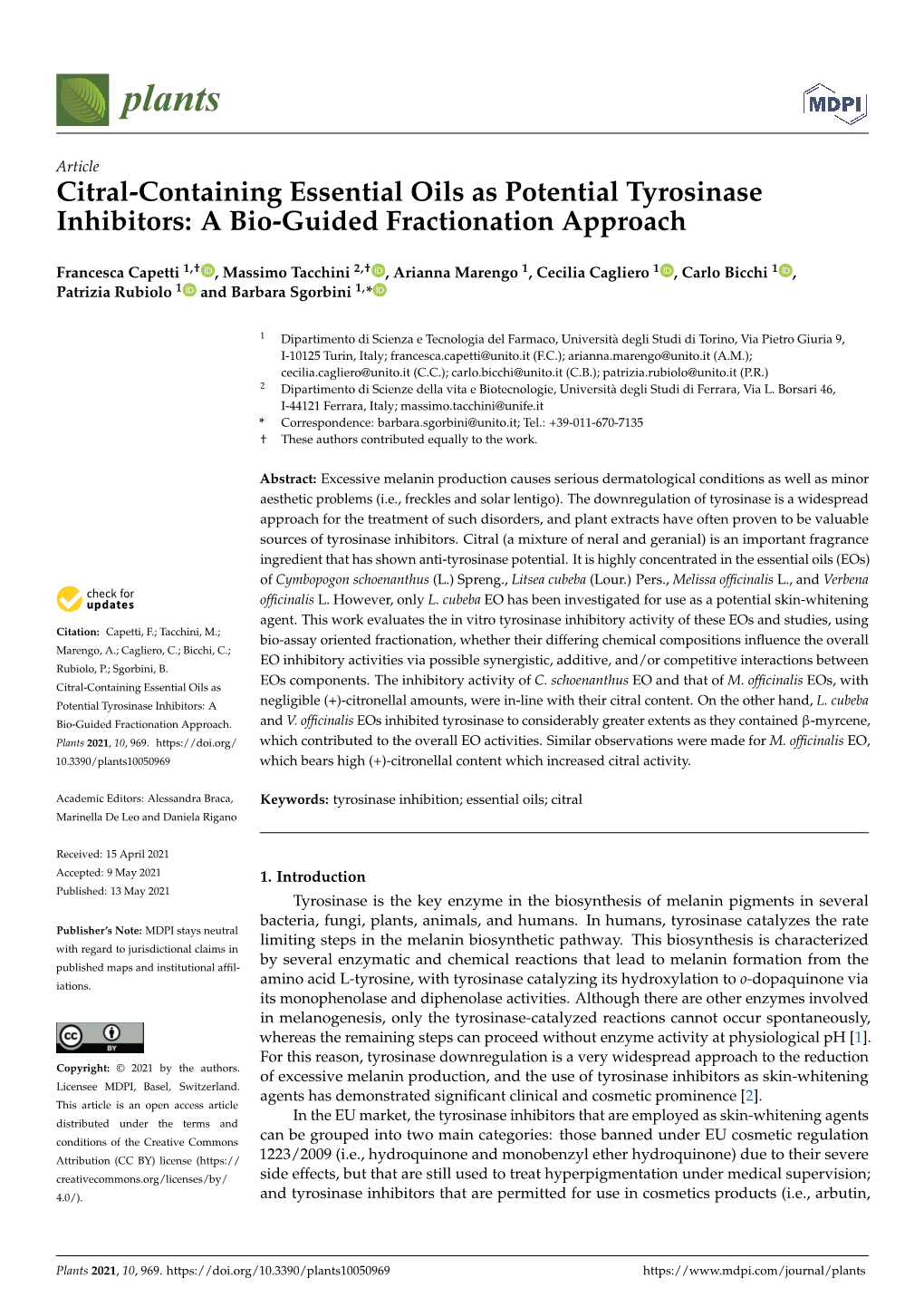 Citral-Containing Essential Oils As Potential Tyrosinase Inhibitors: a Bio-Guided Fractionation Approach