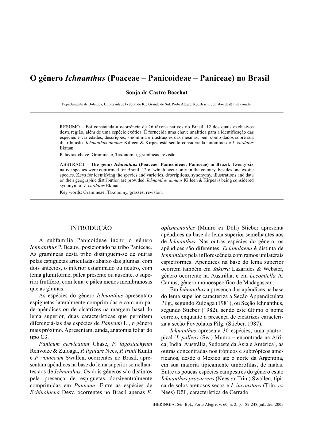 O Gênero Ichnanthus (Poaceae – Panicoideae – Paniceae) No Brasil