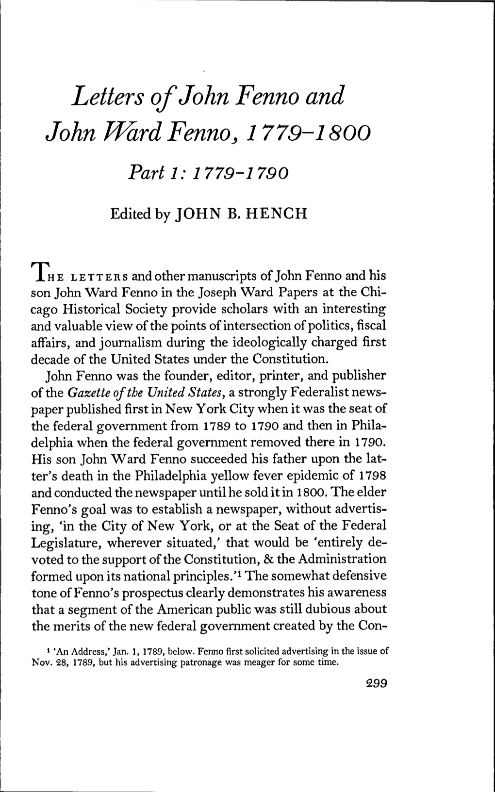 Letters of John Fenno and John Ward Fenno, 1779-1800