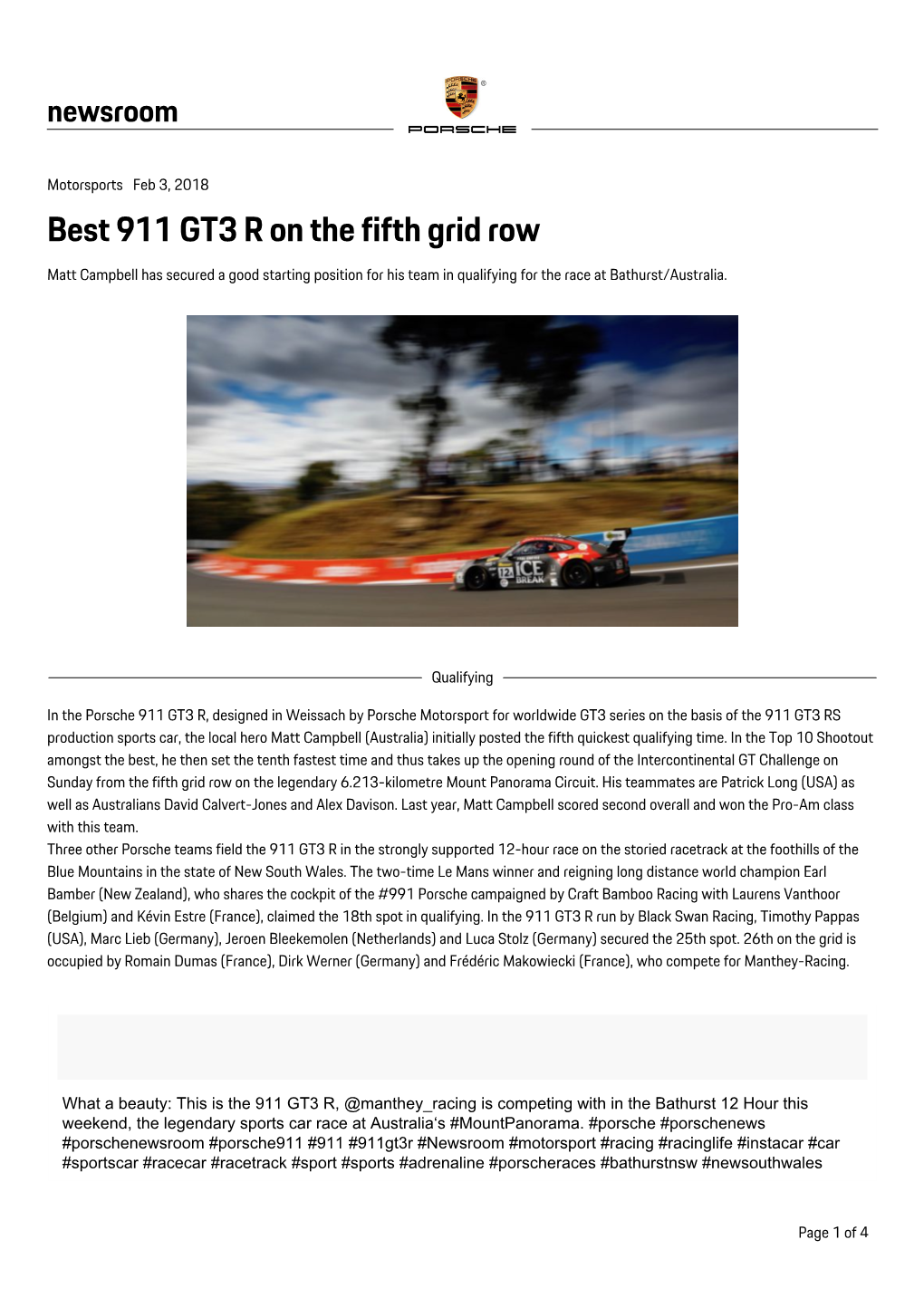 Best 911 GT3 R on the Fifth Grid Row Matt Campbell Has Secured a Good Starting Position for His Team in Qualifying for the Race at Bathurst/Australia