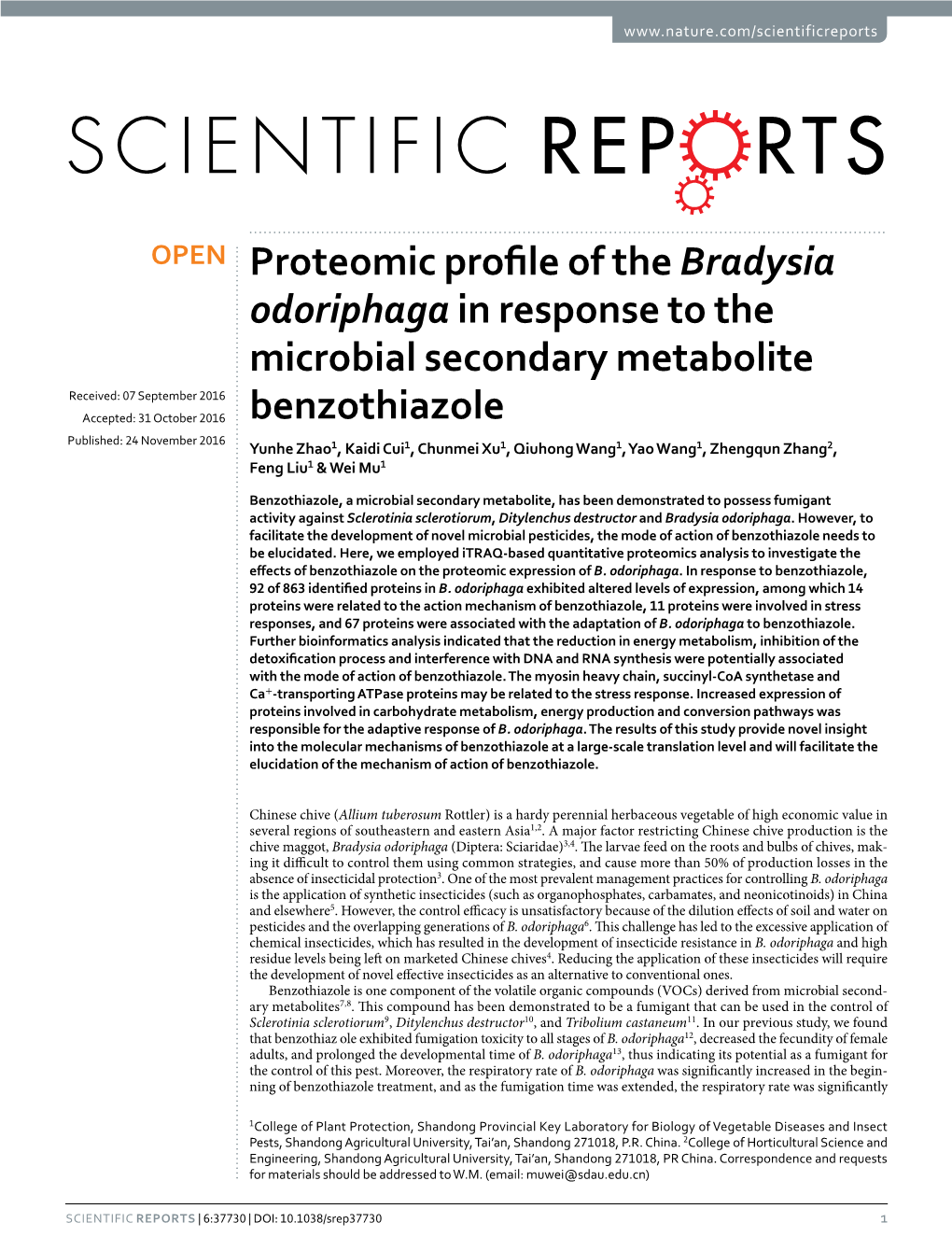 Proteomic Profile of the Bradysia Odoriphaga in Response to The