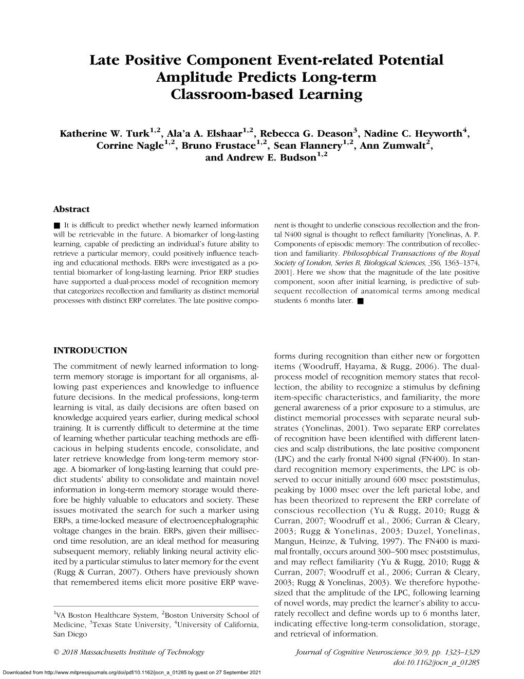 Late Positive Component Event-Related Potential Amplitude Predicts Long-Term Classroom-Based Learning