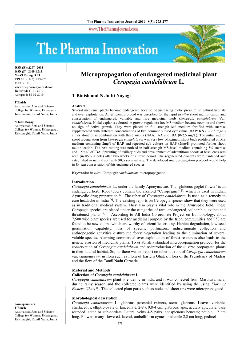 Micropropagation of Endangered Medicinal Plant Ceropegia