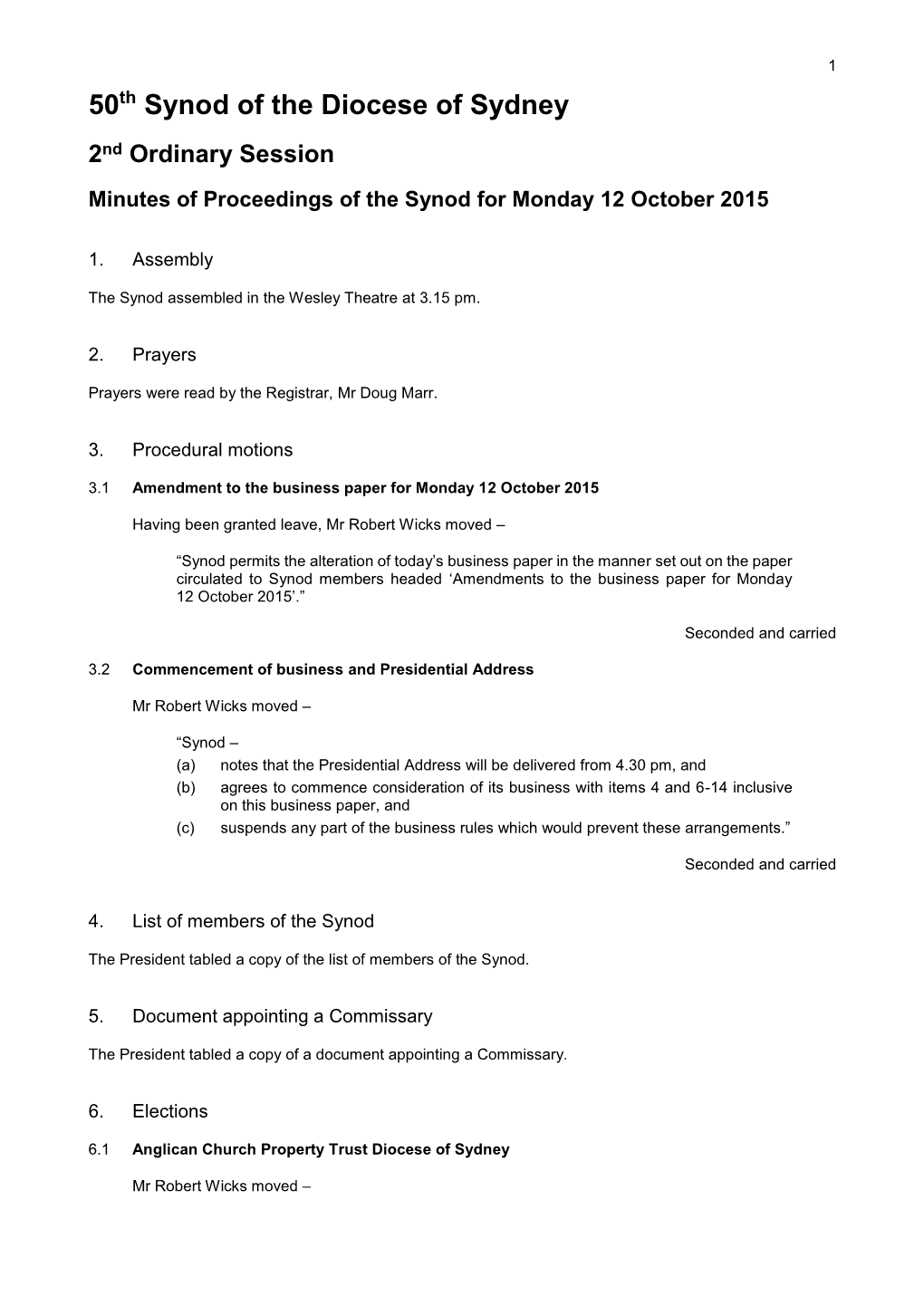2015 Synod Minutes (2Nd Session of the 50Th Synod)