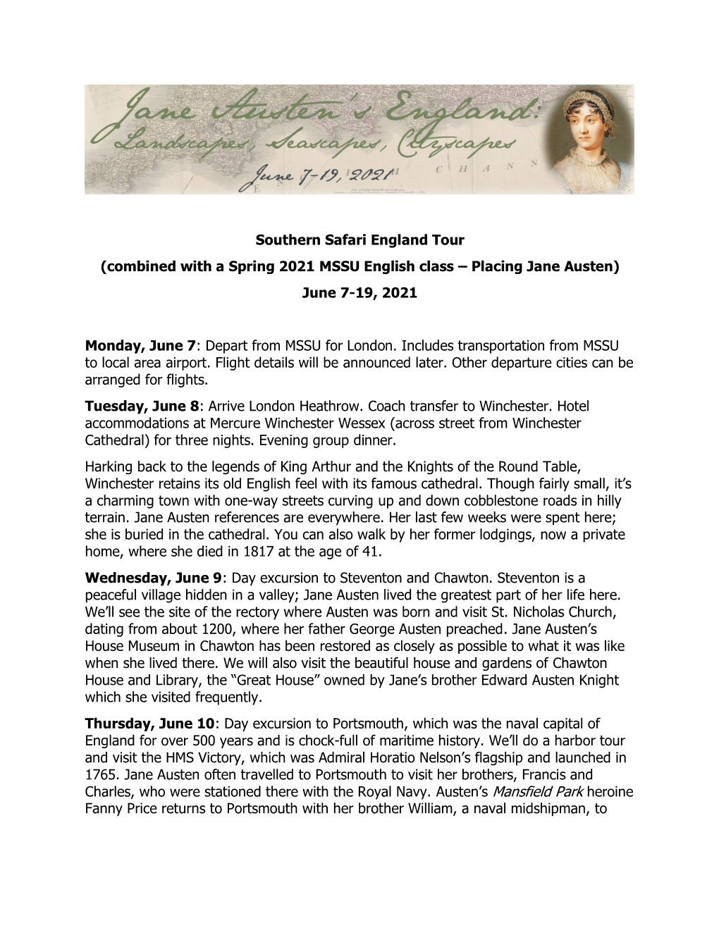 Southern Safari England Tour (Combined with a Spring 2021 MSSU English Class – Placing Jane Austen) June 7-19, 2021
