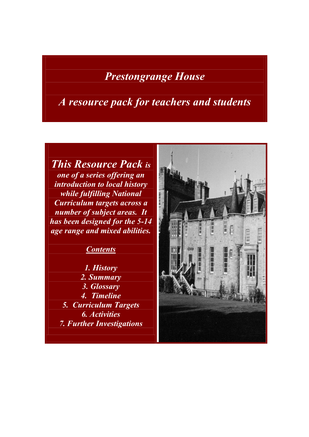 Prestongrange House a Resource Pack for Teachers and Students This