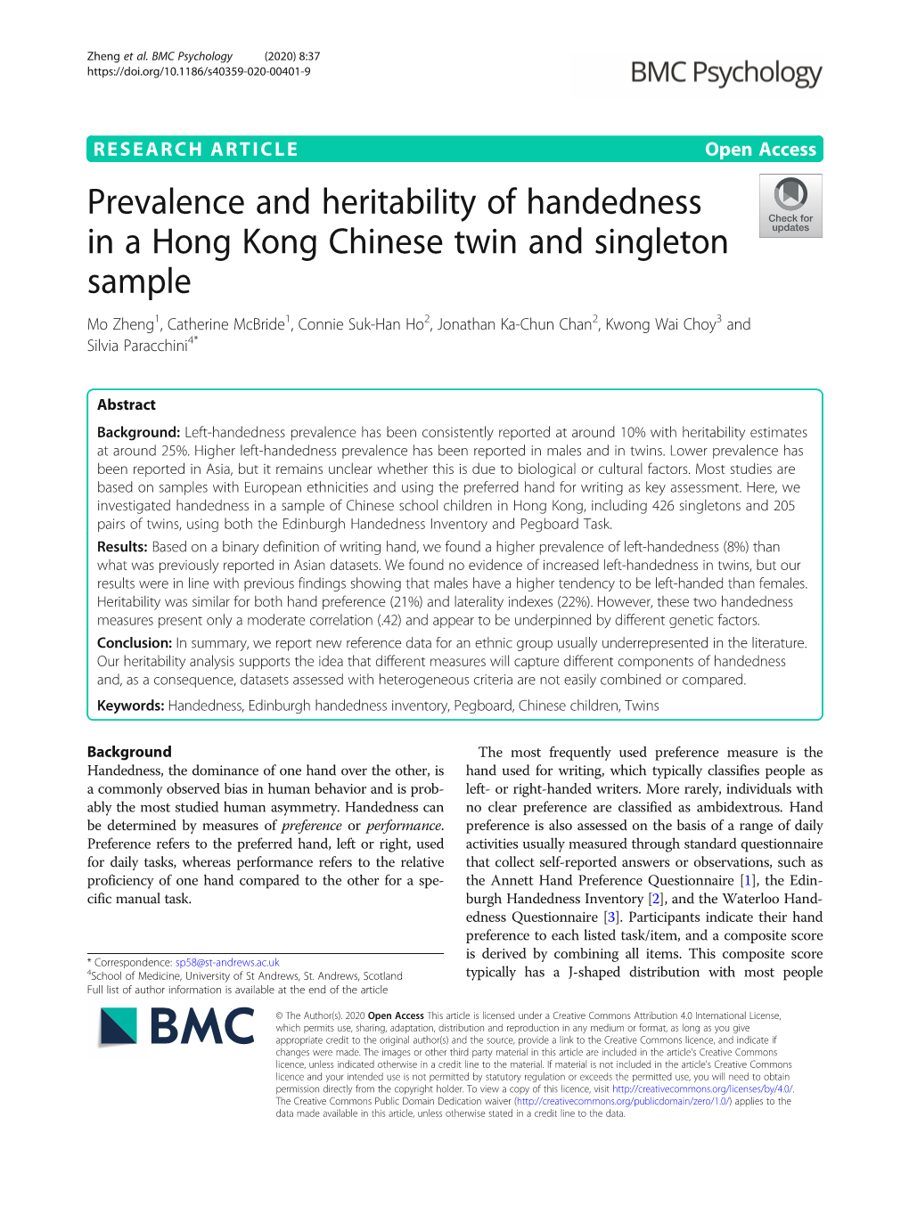 Prevalence and Heritability of Handedness in a Hong Kong
