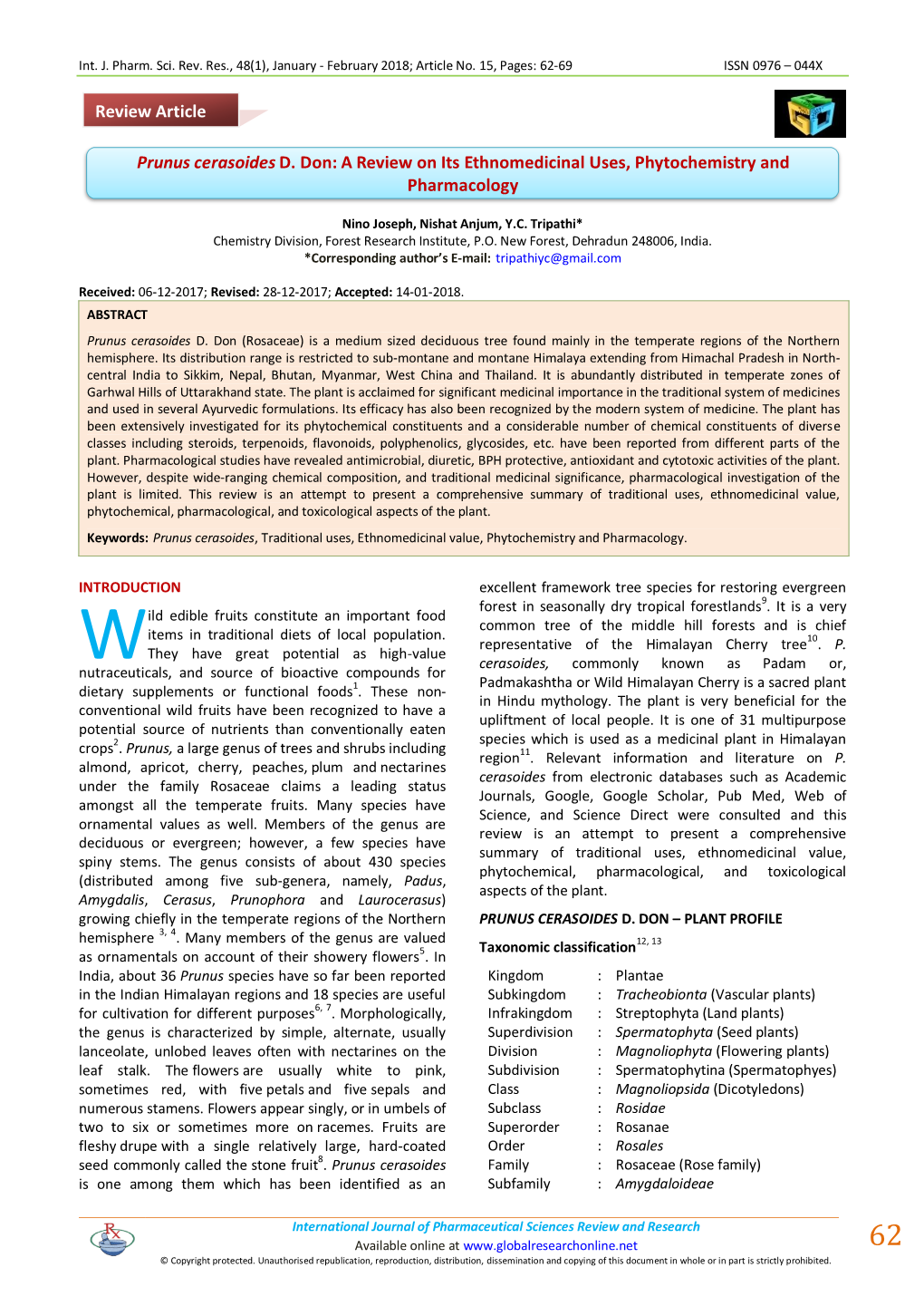 Prunus Cerasoides D. Don: a Review on Its Ethnomedicinal Uses, Phytochemistry and Pharmacology