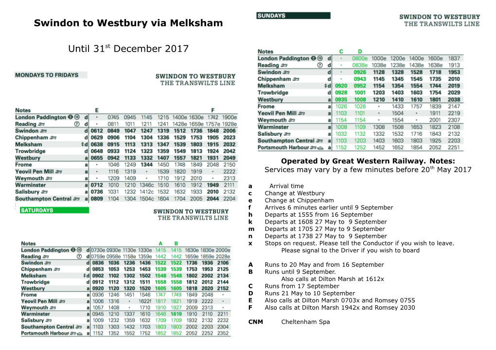Swindon to Westbury Via Melksham Until 31St December 2017