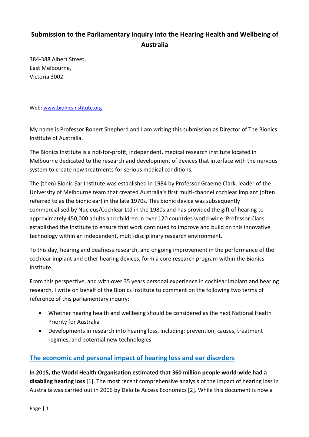 Submission to the Parliamentary Inquiry Into the Hearing Health and Wellbeing of Australia