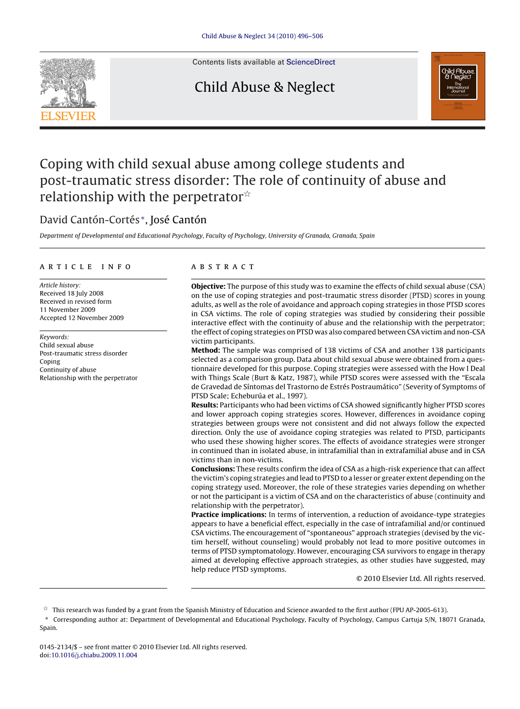 Coping with Child Sexual Abuse Among College Students and Post-Traumatic Stress Disorder: the Role of Continuity of Abuse and Relationship with the Perpetratorଝ