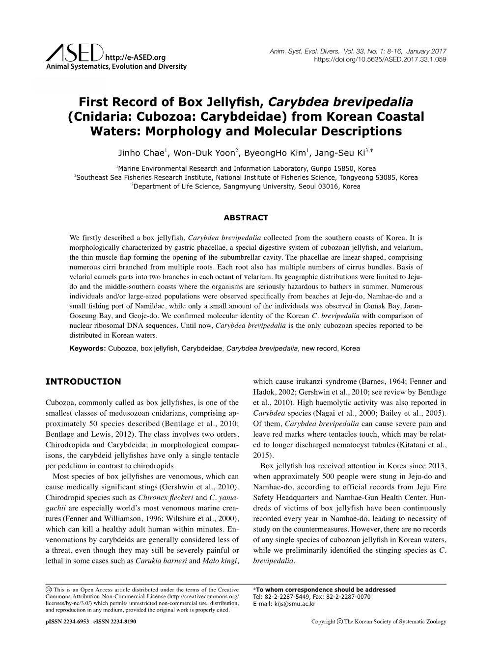 First Record of Box Jellyfish, Carybdea Brevipedalia (Cnidaria: Cubozoa: Carybdeidae) from Korean Coastal Waters: Morphology and Molecular Descriptions