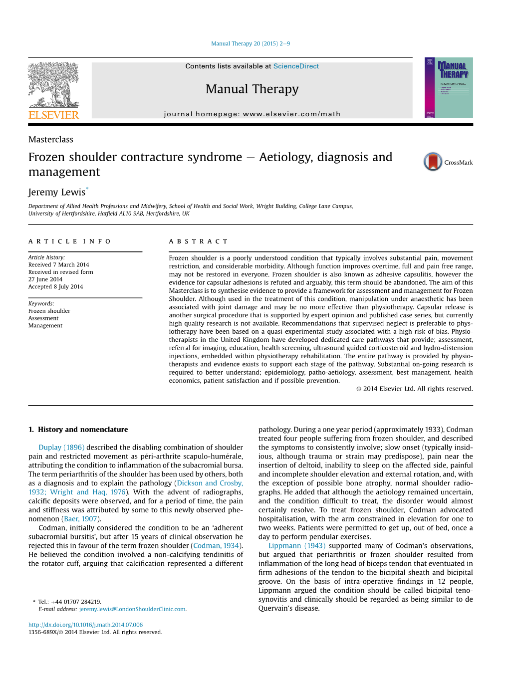 Frozen Shoulder Contracture Syndrome E Aetiology, Diagnosis and Management