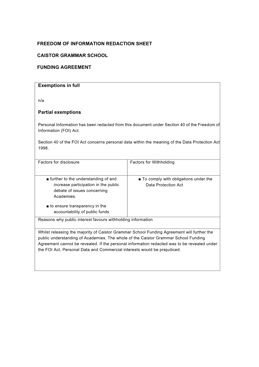 Freedom of Information Redaction Sheet Caistor