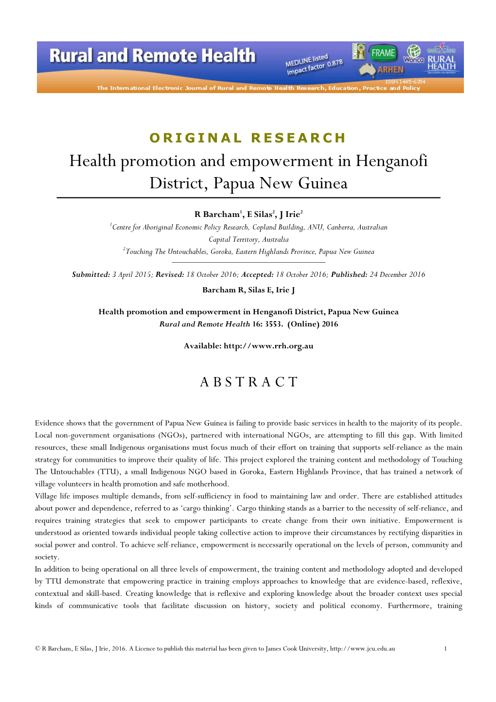 Health Promotion and Empowerment in Henganofi District, Papua New Guinea