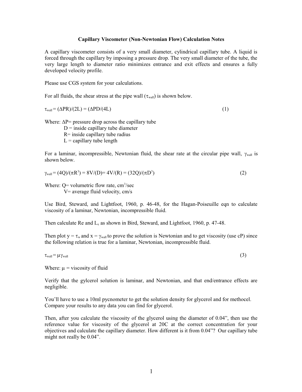 Capillary Viscometer (Non-Newtonian Flow) Calculation Notes